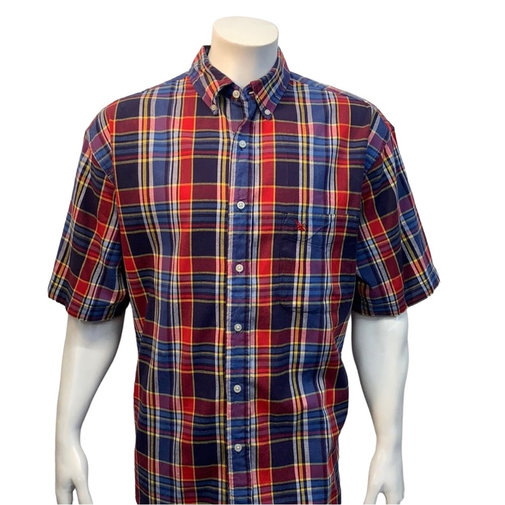 Eddie Bauer Blue Red Yellow Plaid Cotton Shirt LG
